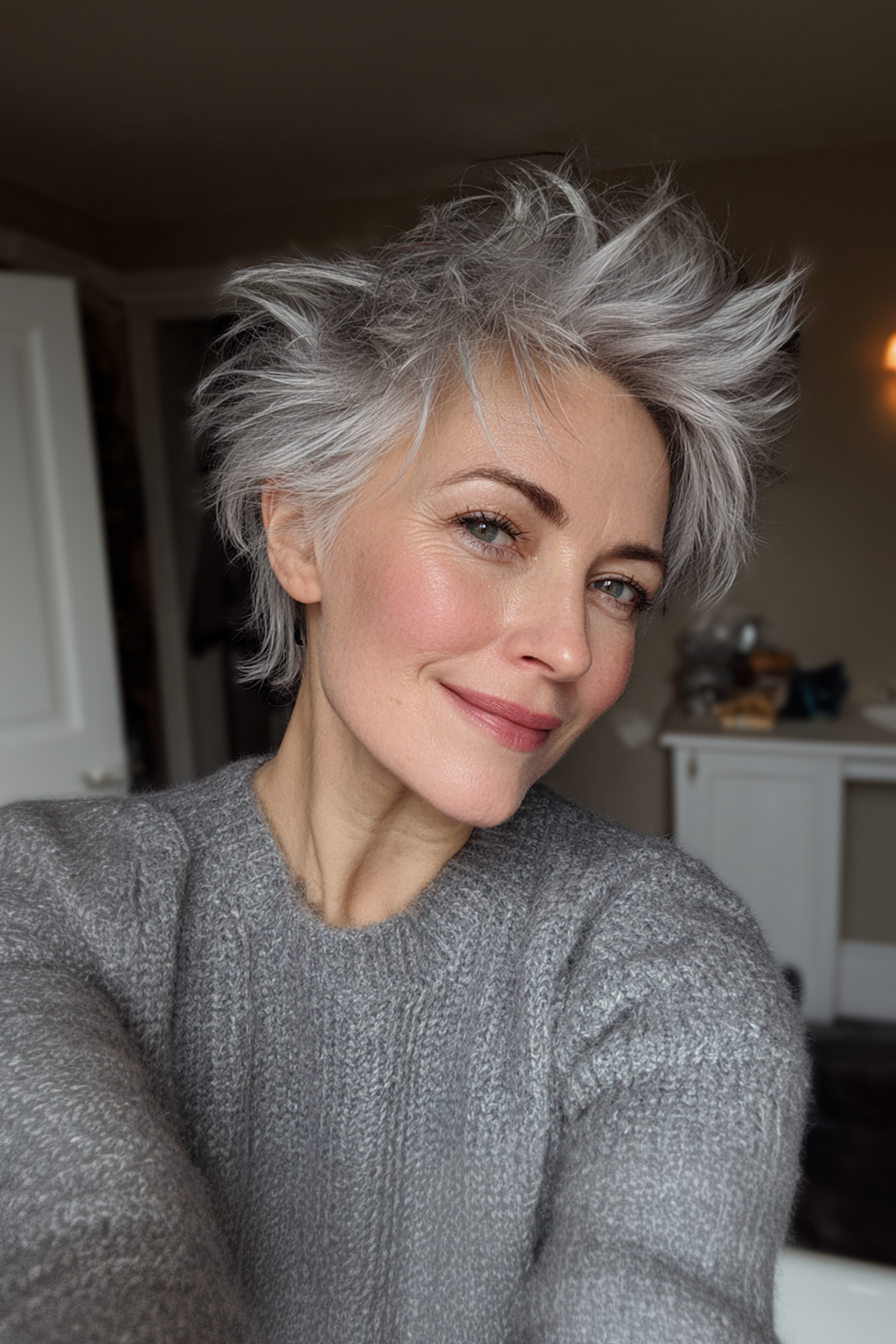 27. Messy Spiky Silver Bob (stachelige Frisuren für ältere Frauen) - Stachelige Frisuren für ältere Frauen