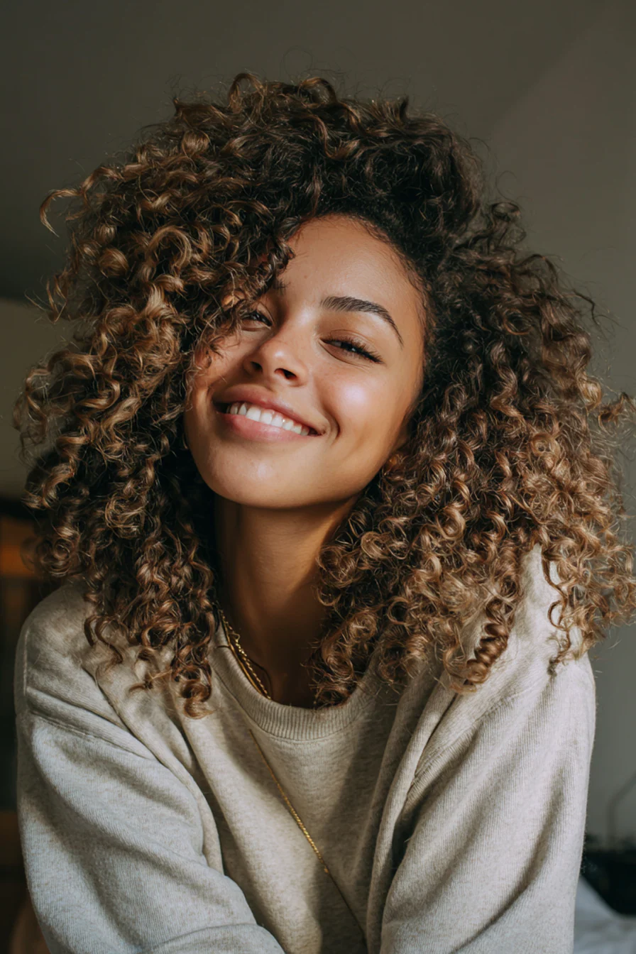 27. Mittellanger, lockiger, strukturierter Schnitt in Haselnussblond (Mittellange Haarschnitte für lockiges Haar) – Mittellange Haarschnitte für lockiges Haar