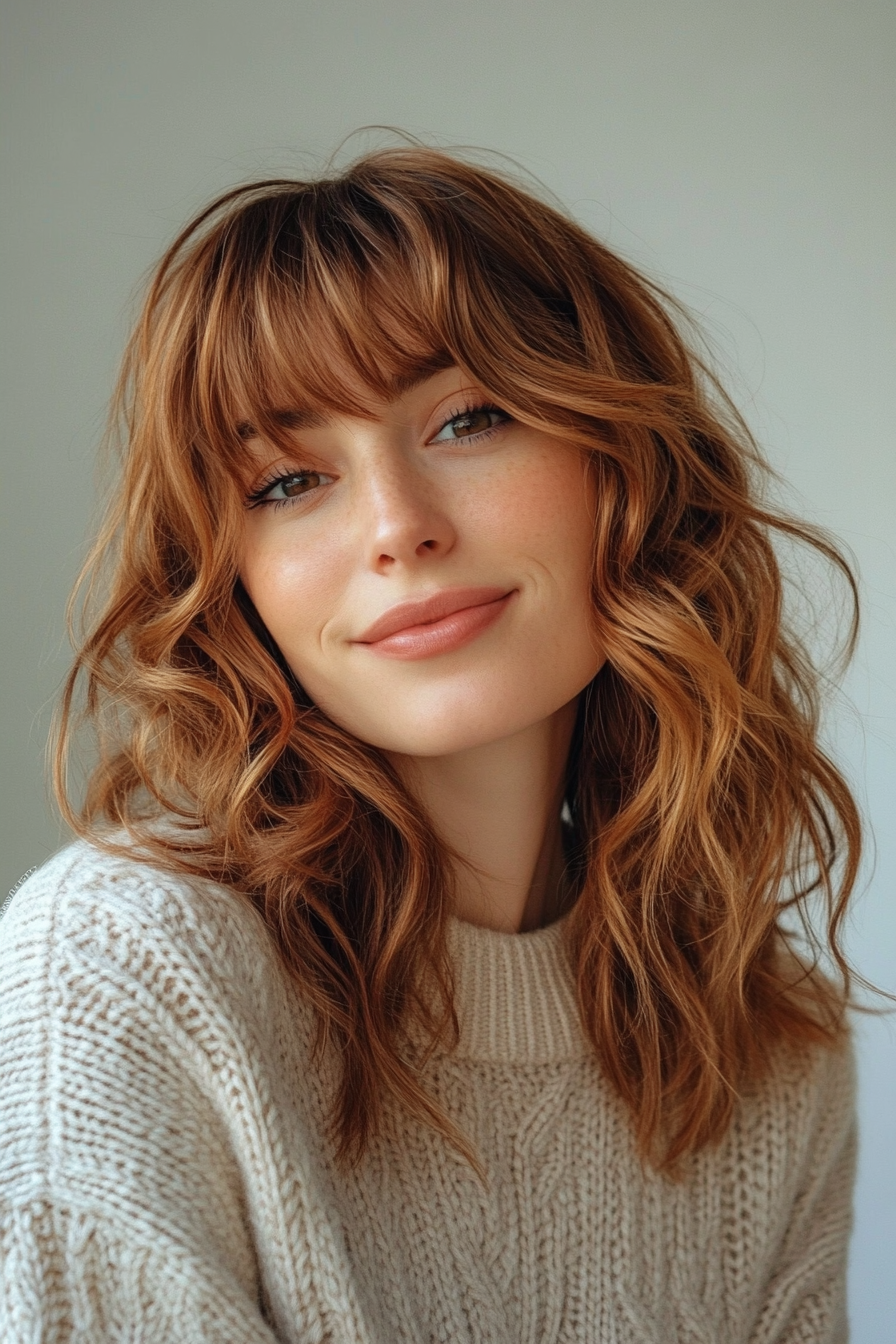 27. Spiralwellen mit mittlerer Länge in Erdbeerbronze (wellige Haarschnitte mit Vorhang Pony) - wellige Haarschnitte mit Vorhangstücken