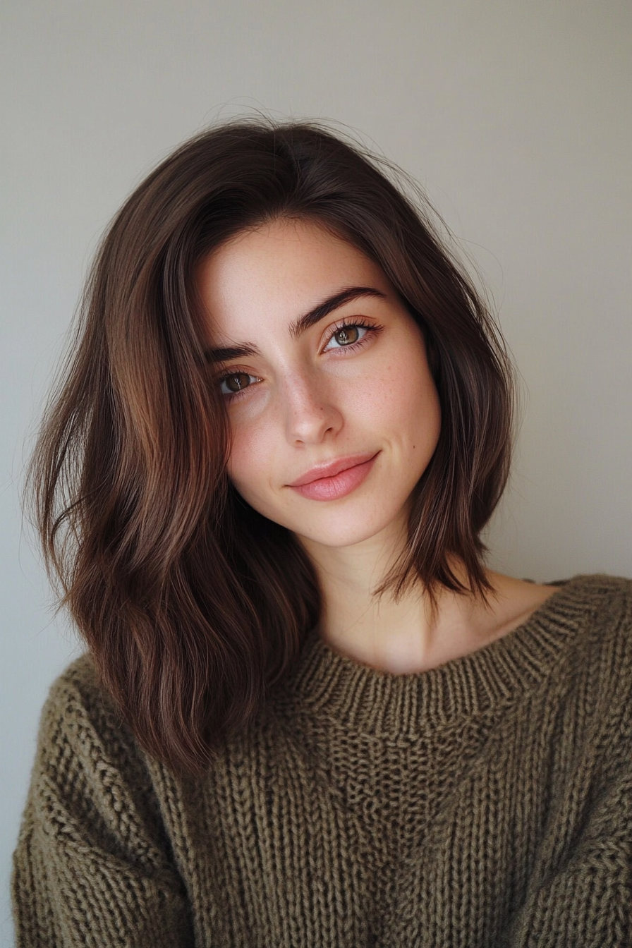 27. Minimal geschnitten mit glänzender dunkler Oliventönung (Haarbeinlängenlänge) - Hackerlänge mit Trottel