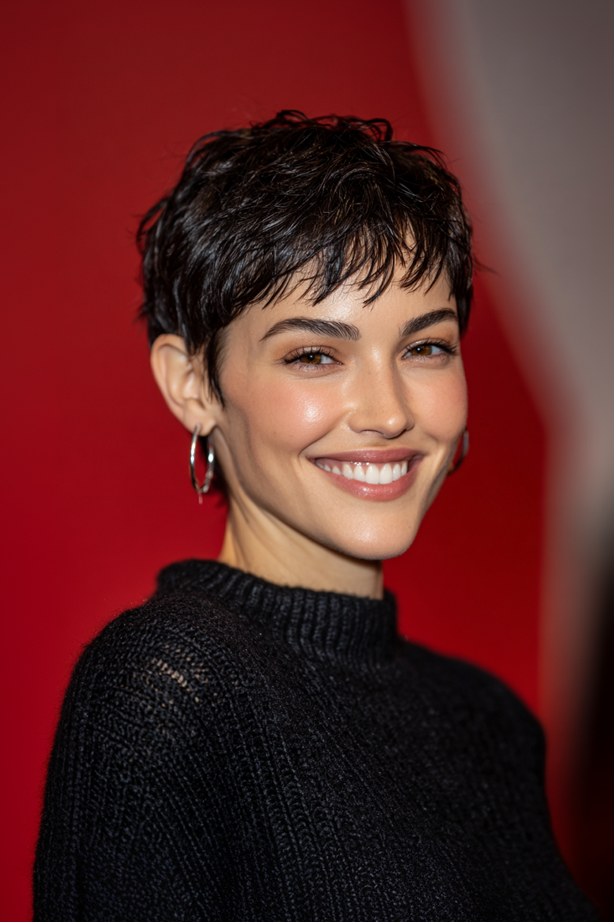 27. Minimalistische Pixie in glänzend schwarz (Pixie -Frisuren) - Pixie -Frisuren