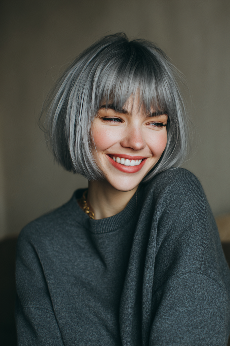 27. Moderne Bowl Bob mit geformten Pony in Graphit (kurze Bob -Frisuren mit Pony) - kurze Bob -Frisuren mit Pony