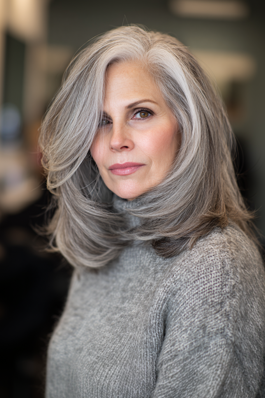 27. Modernes geschichtter Schnitt mit silbernen Aschentönen (mittelgroße Geschichtfrisuren für Frauen über 40) - mittelgroße Geschichtfrisuren für Frauen über 40