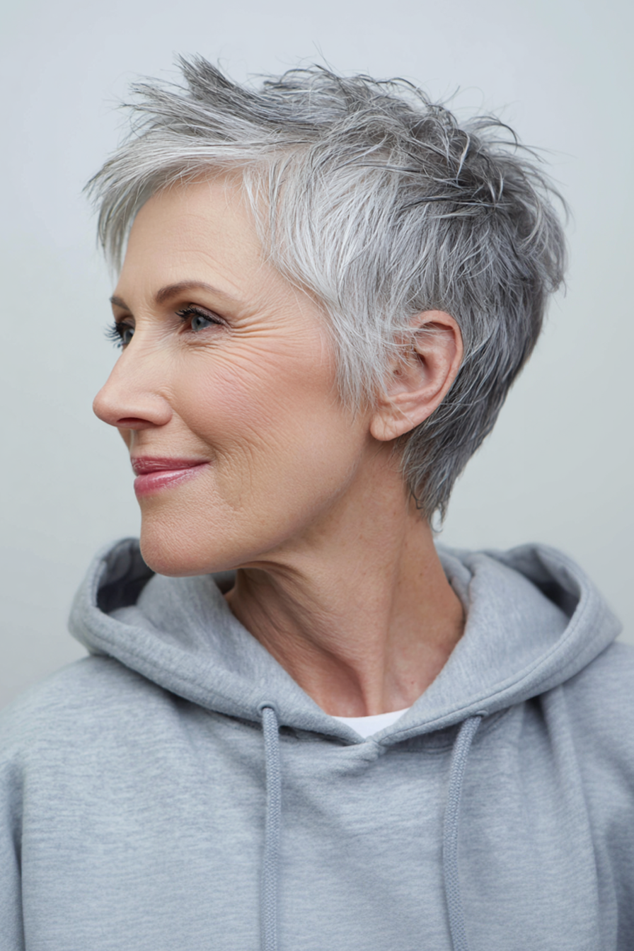 27. Moderner Stufen-Pixie mit natürlicher Graumischung (Stufen-Pixie-Haarschnitte für Frauen über 60) – Stufen-Pixie-Haarschnitte für Frauen über 60