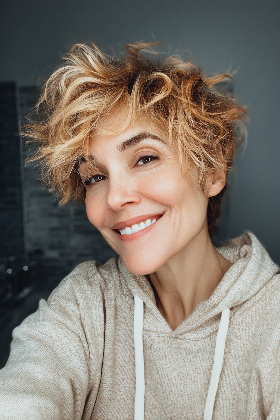 27. Moderner Shaggy Pixie mit karamellblondem Balayage (Unordentliche Frisuren für Frauen über 50) – Unordentliche Frisuren für Frauen über 50