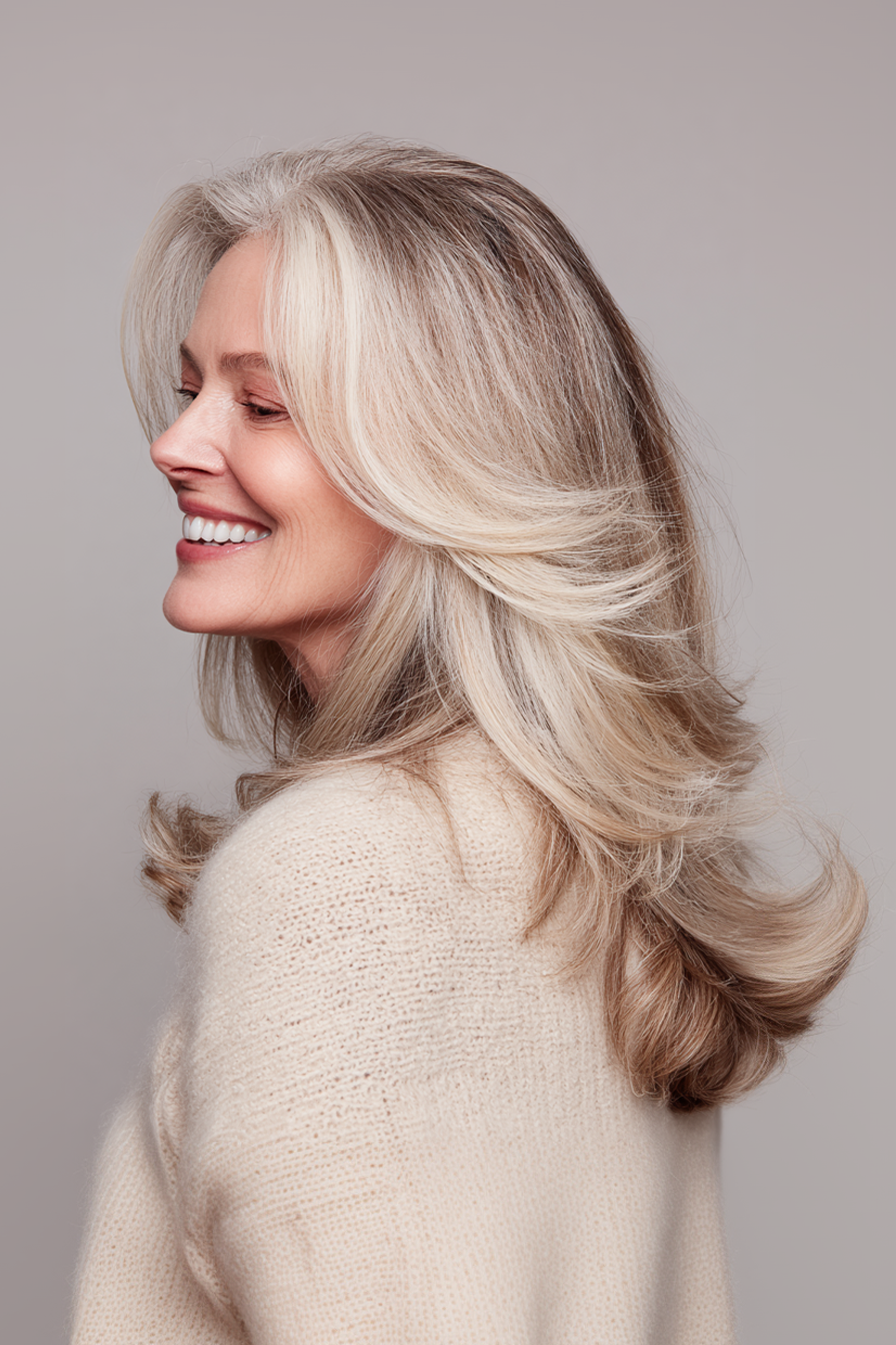 27. Perlendöner Champagnerfluss (längere Haarschnitte für ältere Frauen) - längere Haarschnitte für ältere Frauen