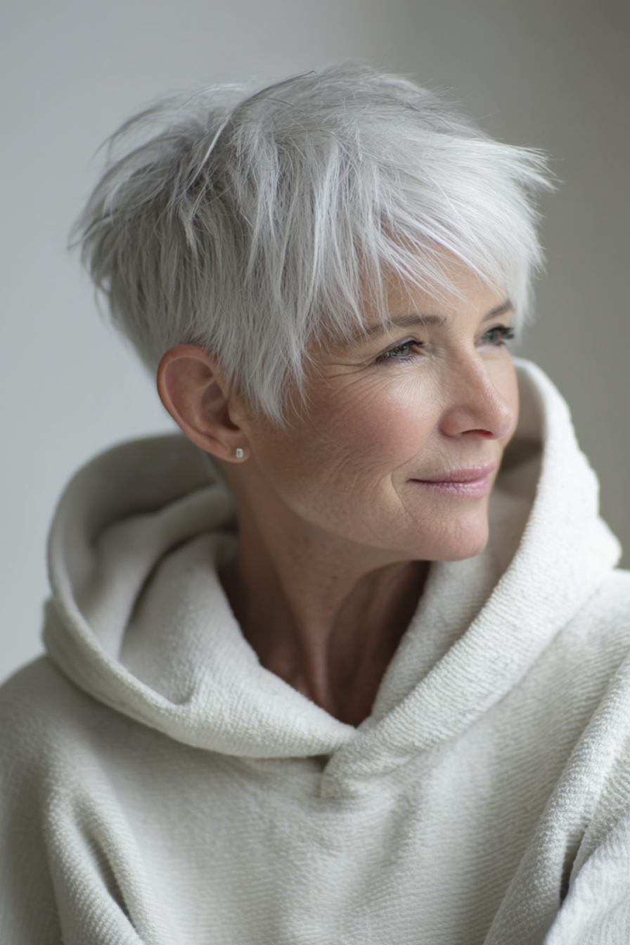 27. Perlweißer, sich verjüngender Shag (kurze Shag-Frisuren für Frauen über 60) – Kurze Shag-Frisuren für Frauen über 60