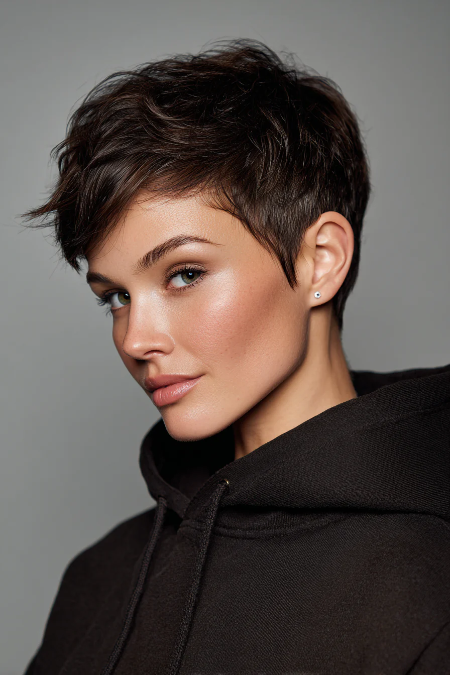 27. Geformter Pixie-Schnitt in Mitternachtsbraun (Kurzhaarschnitte für Frauen über 40 mit feinem Haar) – Kurzhaarschnitte für Frauen über 40 mit feinem Haar
