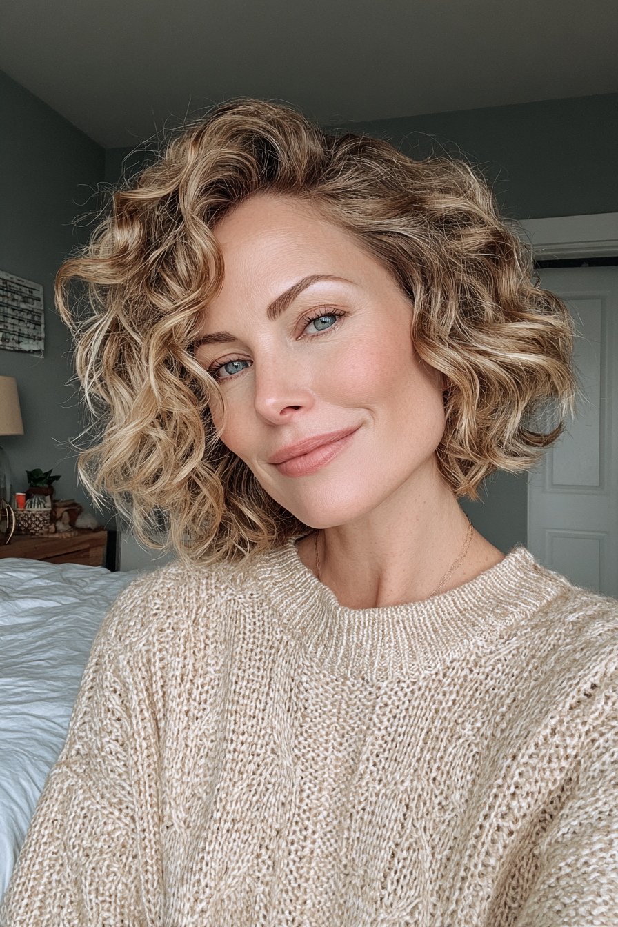 27. Kurzer lockiger, geschichtter Bob in cremiger Latte -Mischung (kurze lockige Frisuren für Frauen über 40) - kurze lockige Frisuren für Frauen über 40