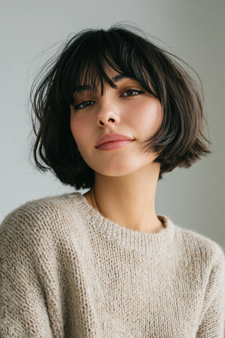 27. Kurzer französischer Bob mit rauchigen schwarzen Fransen (Bob-Frisuren mit Pony) – Bob-Frisuren mit Pony