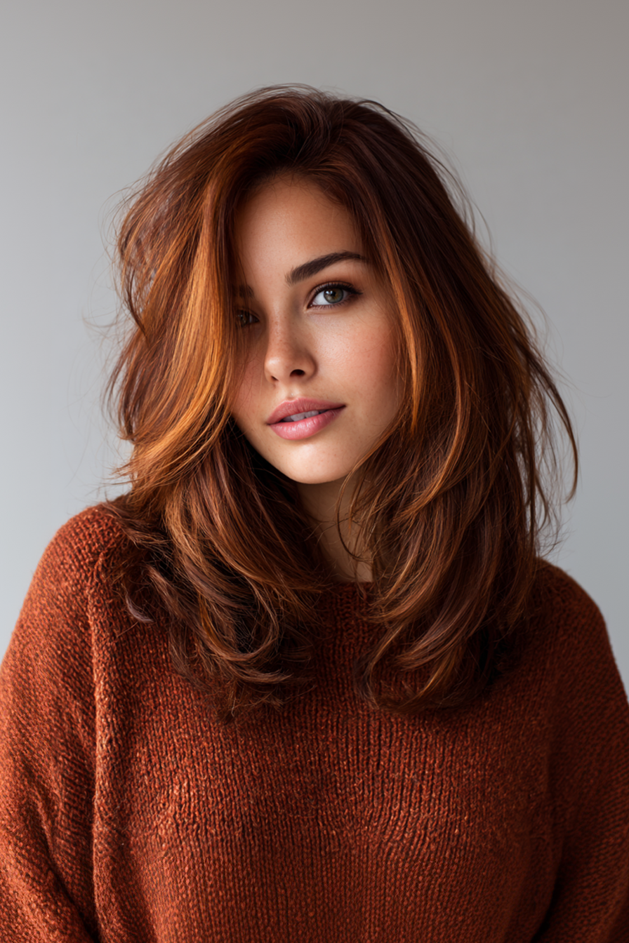 27. Schulterlange Schichten mit sonnenbeschienener Kupferbalayage (schulterlange geschichtete Frisuren) - schulterlange geschichtete Frisuren