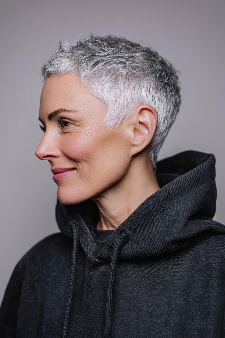 27. Schlanke metallische Silberernte (graue Frisuren für Frauen über 40) - graue Frisuren für Frauen über 40