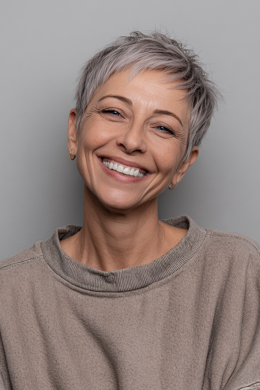 27. Soft Taupe Feminine Pixie (Pixie -Frisuren für Frauen über 40) - Pixie -Frisuren für Frauen über 40