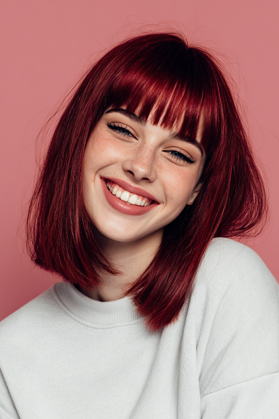 27. Straight Lob mit glänzenden roten Pony (lange Bob -Frisuren mit Pony) - lange Bob -Frisuren mit Pony