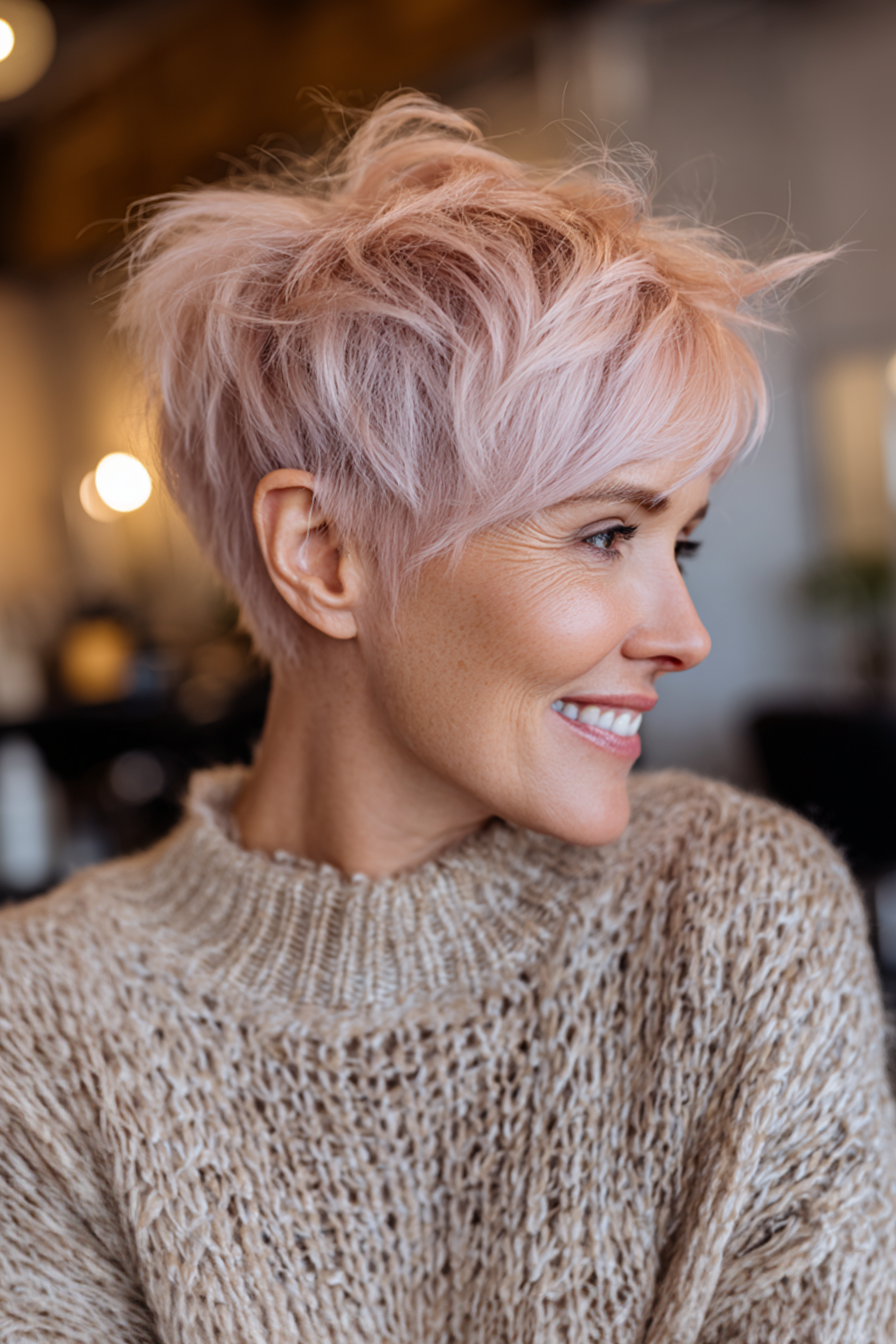 27. Volumenpixie mit Rosenquarz (kantige Haarschnitte für Frauen über 50) - kantige Haarschnitte für Frauen über 50