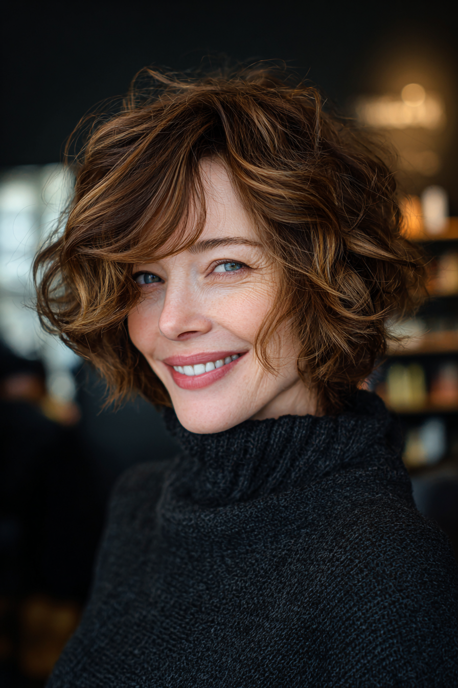 27. warmer Kastanienwelligkeitsbob mit Schichten (kurze Frisuren für Frauen über 50 mit welligen Haaren) - kurze Frisuren für Frauen über 50 mit welligen Haaren