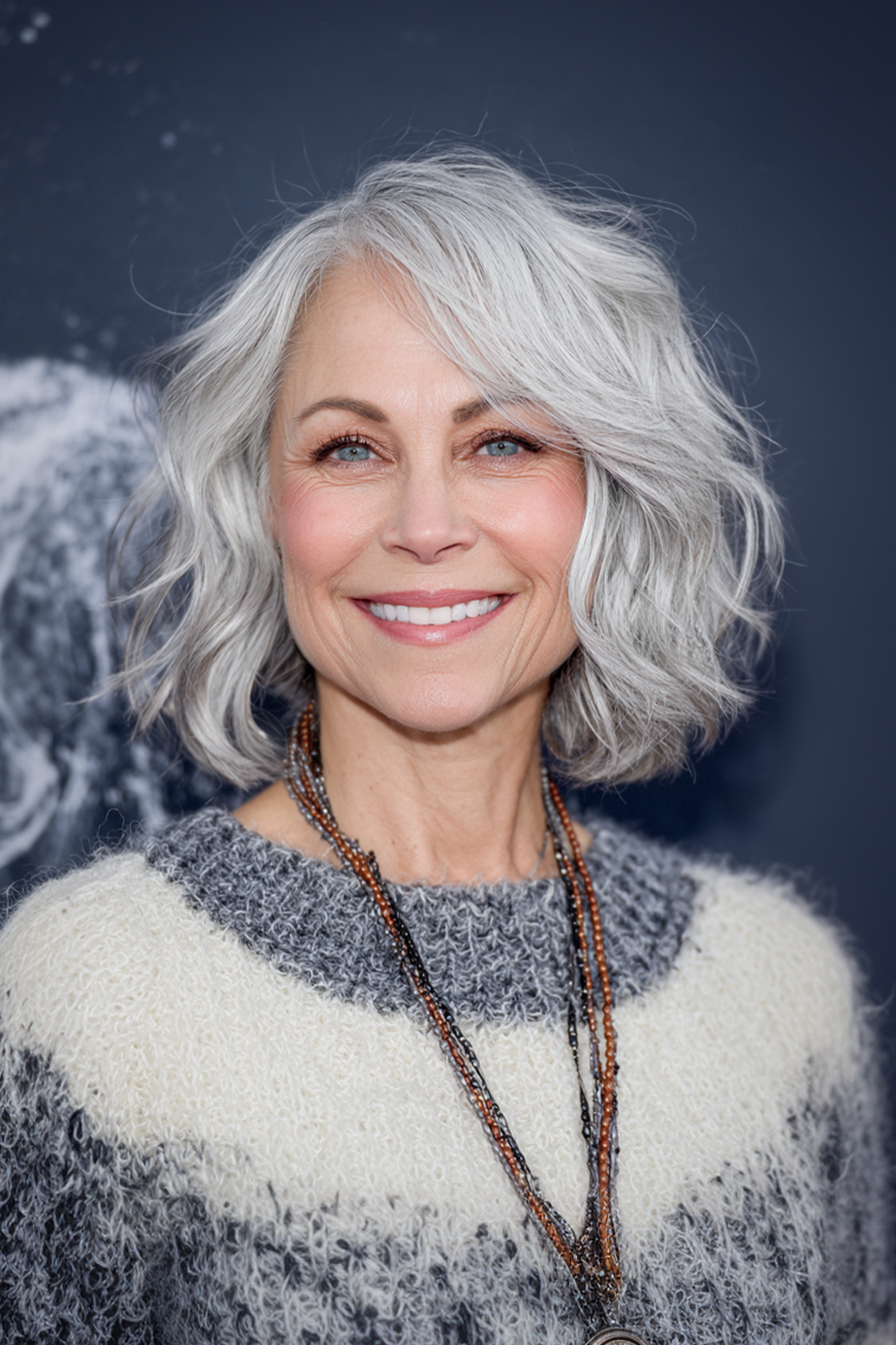 27. Wellener Bob mit silbernen Streifen (geschichtete Bob -Frisuren für Frauen über 50) - geschichtete Bob -Frisuren für Frauen über 50