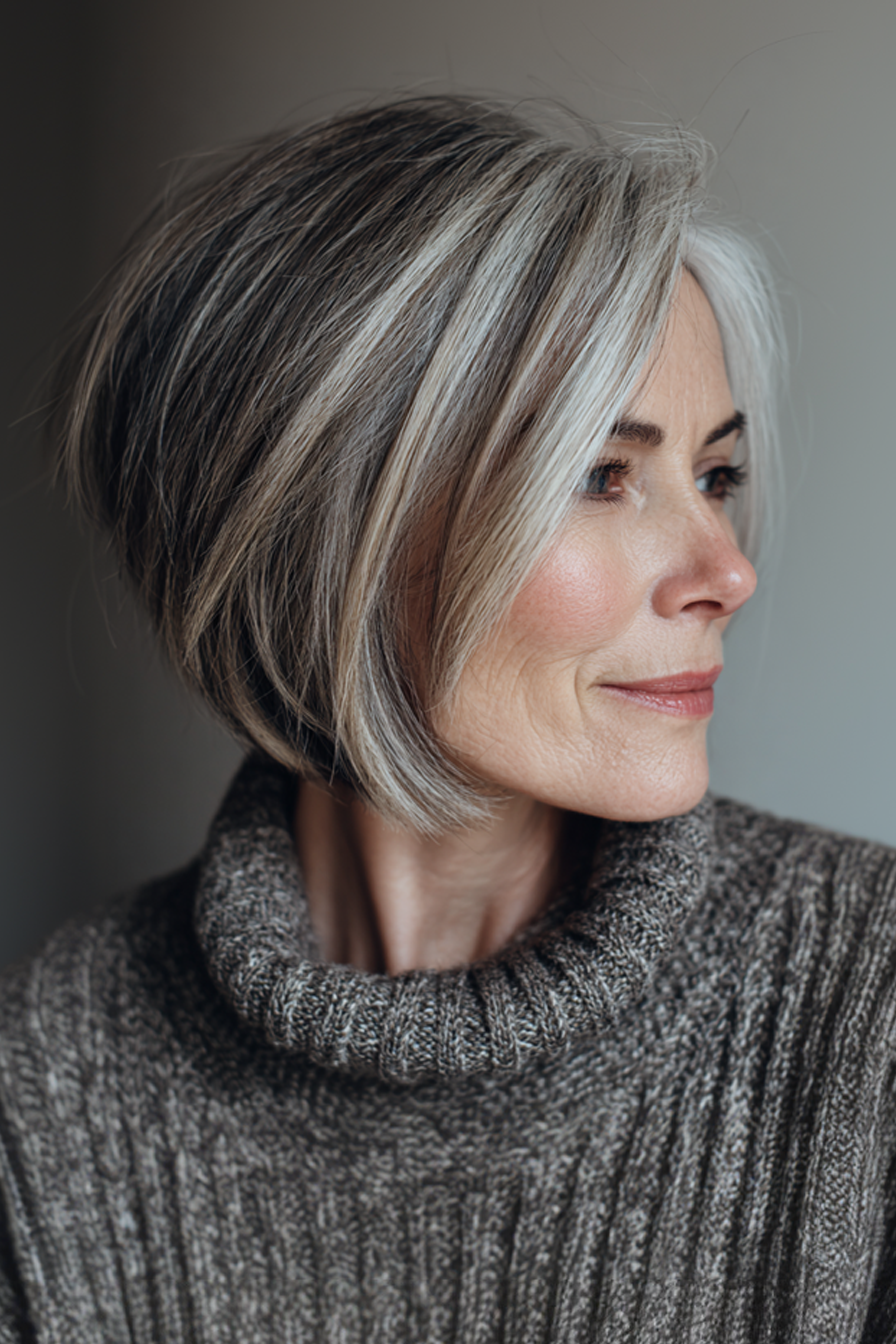 3.. Abgewinkelter geschichtter Bob mit aschbraunem Balayage (kurze Bob -Haarschnitte für Frauen über 50) - kurze Schichthaarschnitte für Frauen über 50