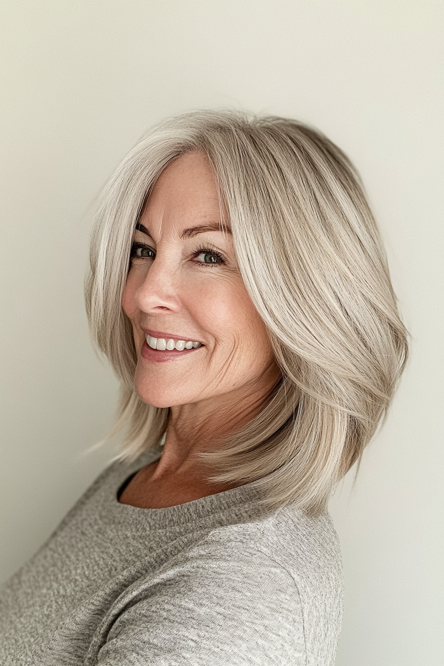 3. abgewinkelte Lob mit gefiederten Enden in sandblonden (asymmetrischen Frisuren für ältere Frauen) - asymmetrische Frisuren für ältere Frauen