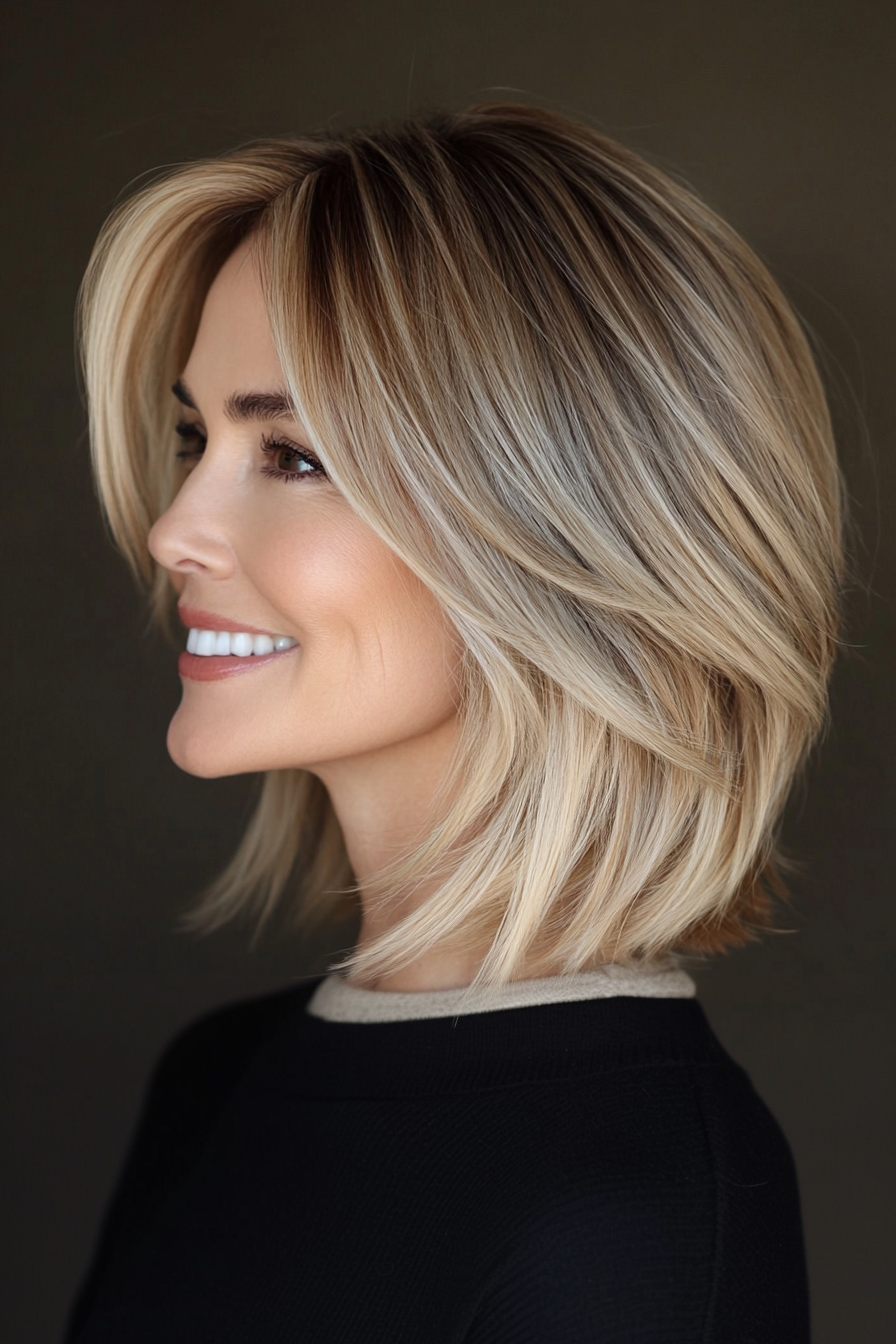 3.. Abgleer Lob mit sandigen blonden Highlights (einfache Haarschnitte für Frauen über 40) - einfache Haarschnitte für Frauen über 40