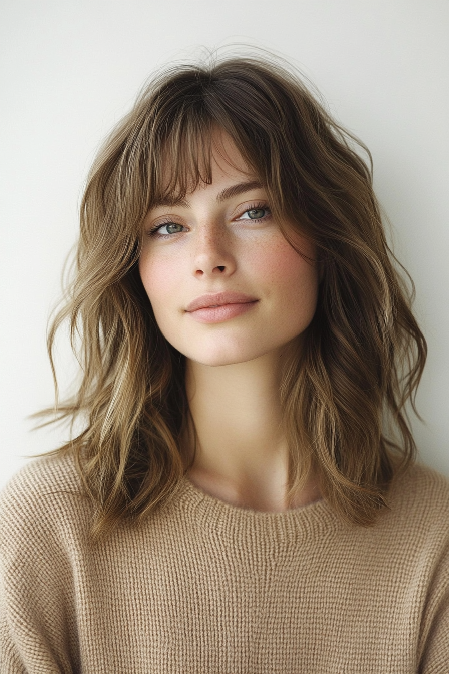 3.. Beachy Colarbone mit Sand Beige (wellige Haarschnitte mit Vorhang Pony) - wellige Haarschnitte mit Vorhangbonbons