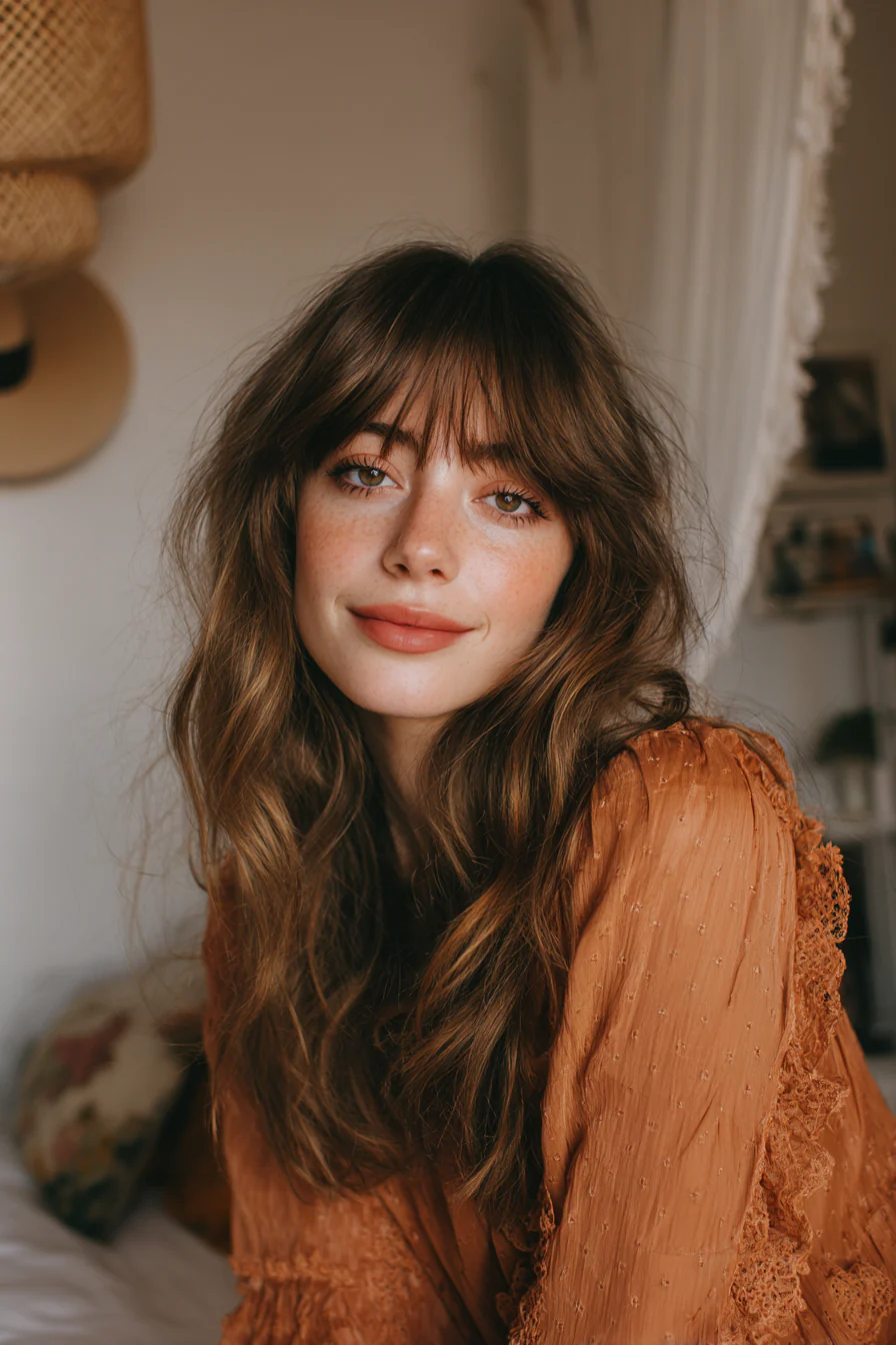 3. Kastanienbrauner Boho-Vorhang-Pony (Boho-Frisuren) – Boho-Frisuren