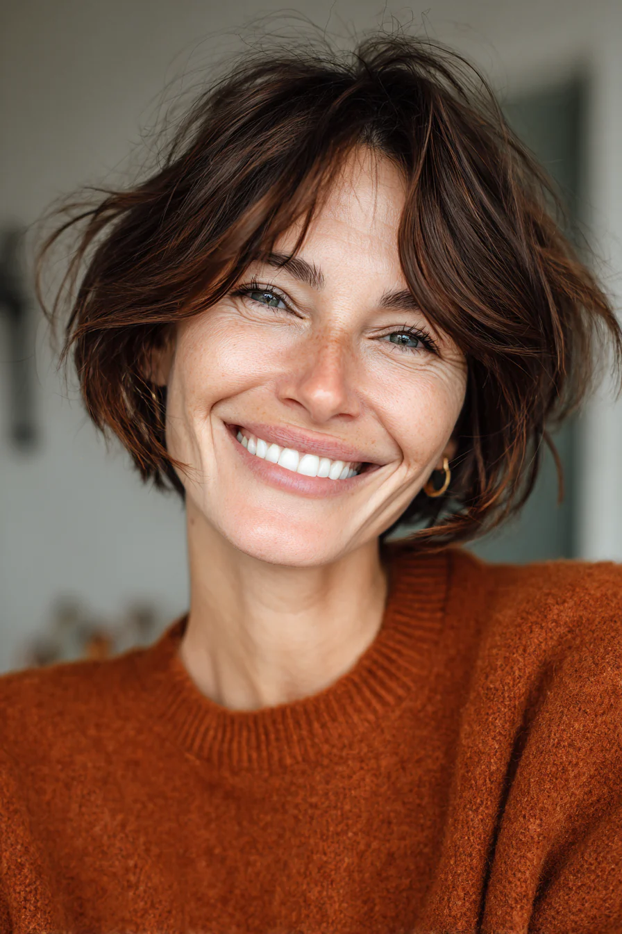 3. Kinnlanger French Bob in warmem Kastanienbraun (Kurzhaarschnitte für Frauen über 40 mit feinem Haar) – Kurzhaarschnitte für Frauen über 40 mit feinem Haar