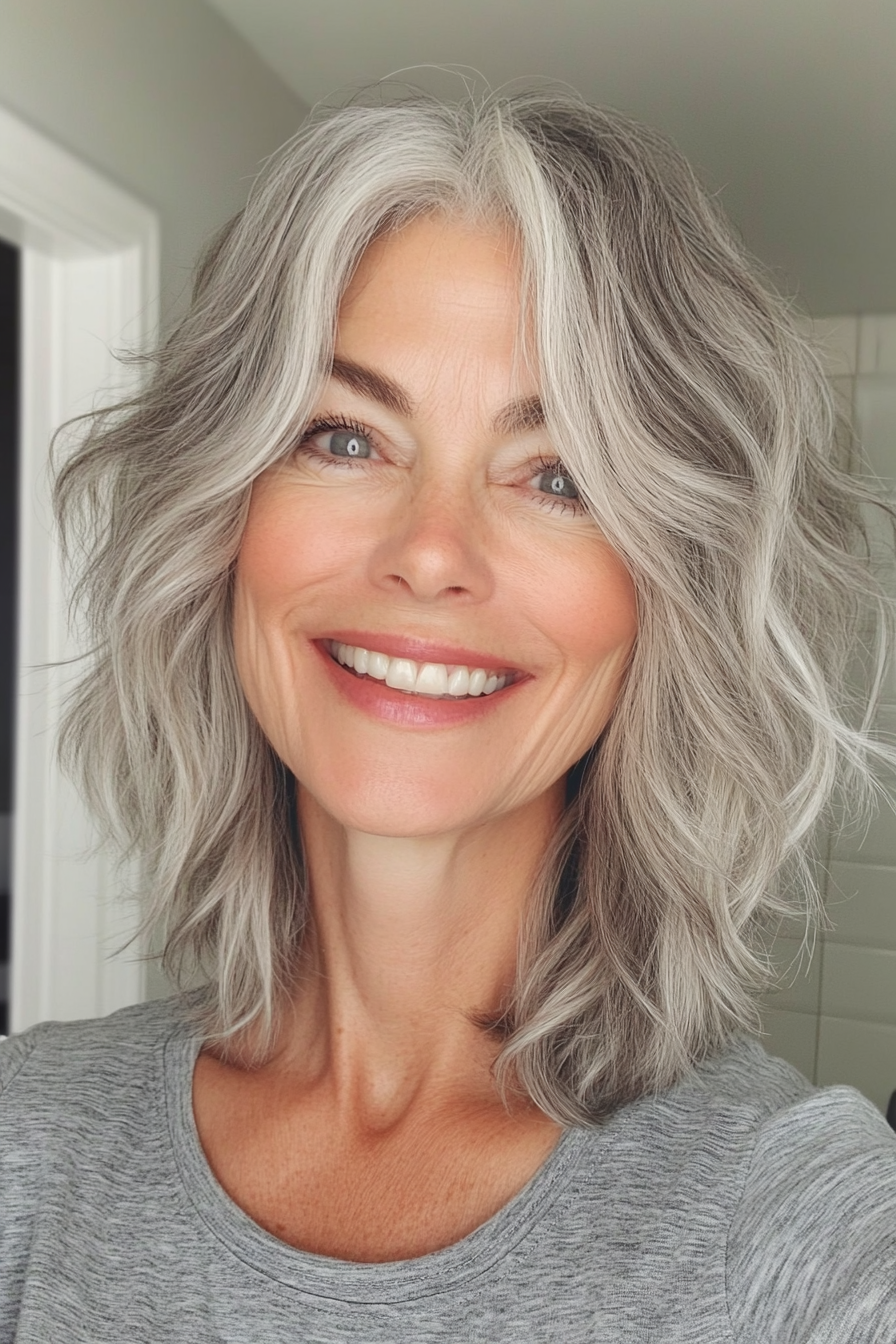 3.. Kinnlänge Salz und Pfeffer -Shag (zottelige Frisuren für Frauen über 50) - Shaggy Frisuren für Frauen über 50