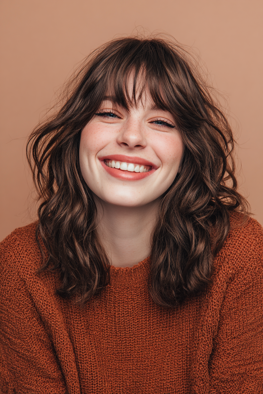 3.. Schokoladenbraune, wellige Schnitt mit Vorhang Pony (wellige schulterlange Frisuren) - wellige schulterlange Frisuren