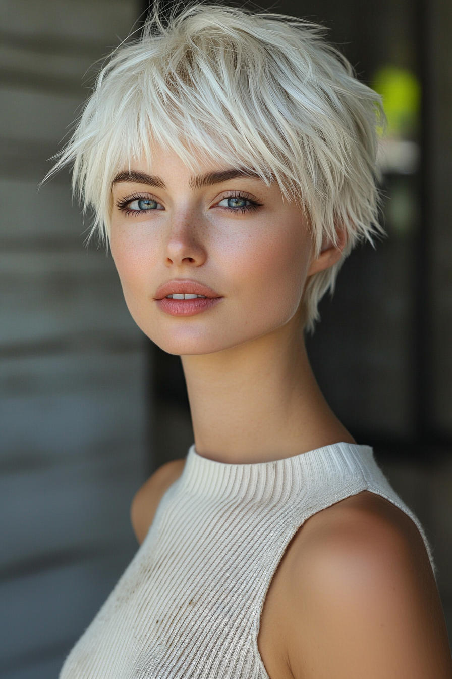 3. abgehackte Pixie mit Platinblond (Frisurstrends für Frauen über 40 mit feinem Haar) - Frisurstrends für Frauen über 40 mit feinem Haar