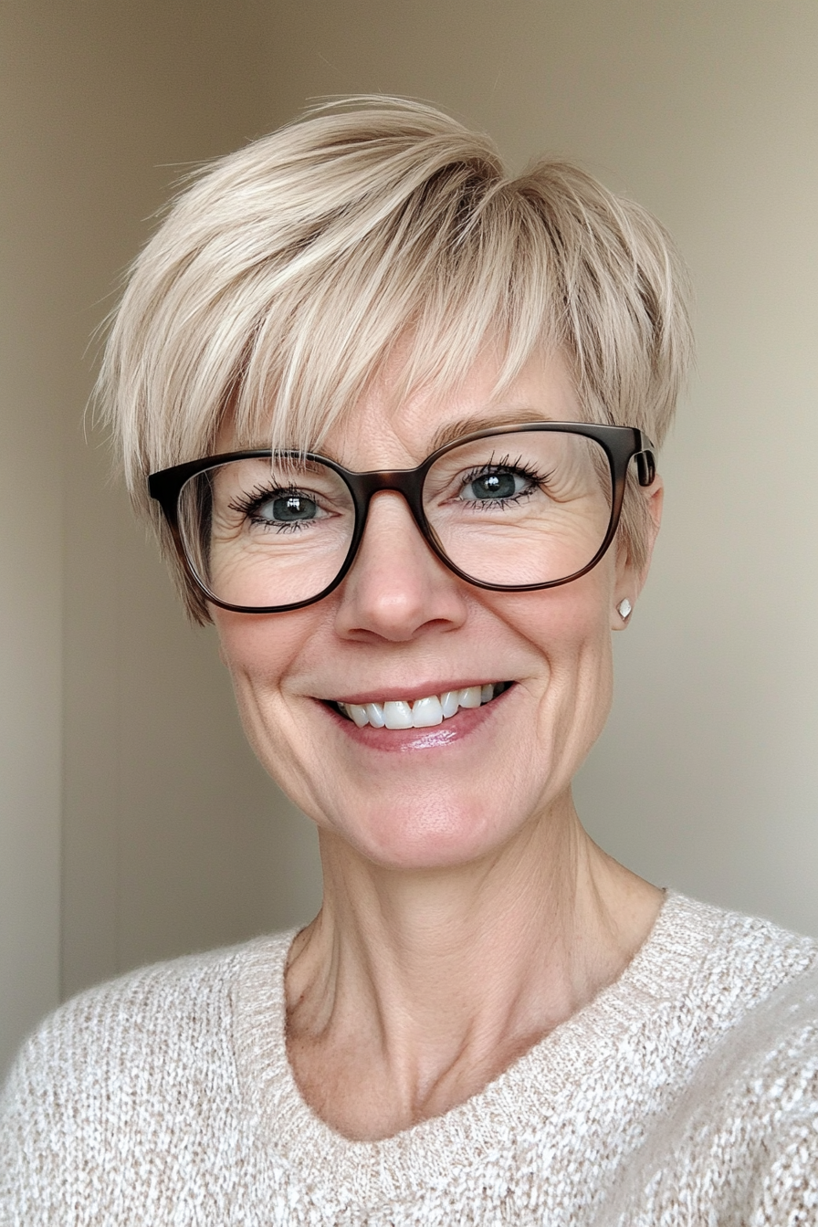 3. abgehackte sandige blonde Pixie (Pixie -Haarschnitte für Frauen über 50 mit Brillen) - Pixie -Haarschnitte für Frauen über 50 mit Brillen
