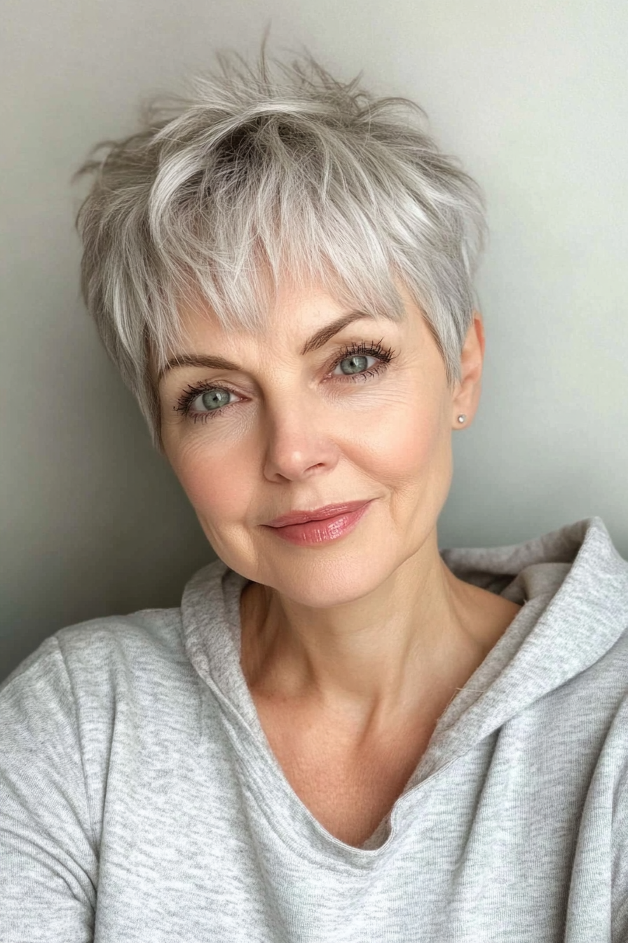 3. Klassiker Pixie mit wispy Pony in Silbergrau (Haarschnitte für Frauen über 60 mit Pony) - Haarschnitte für Frauen über 60 mit Pony