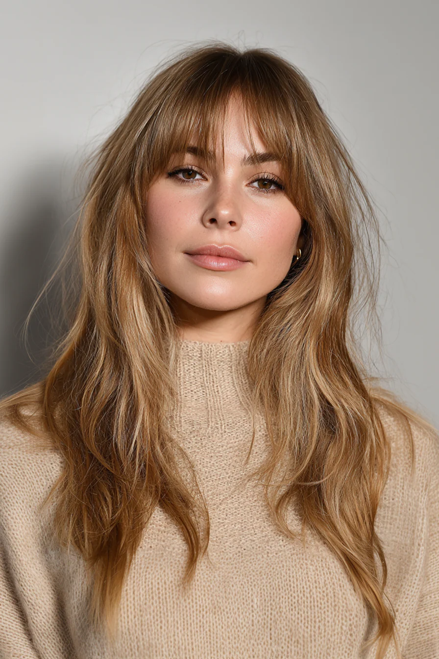 3. Curtain Bangs mit Karamell-Highlights (70er-Jahre-Frisuren für Frauen) – 70er-Jahre-Frisuren für Frauen