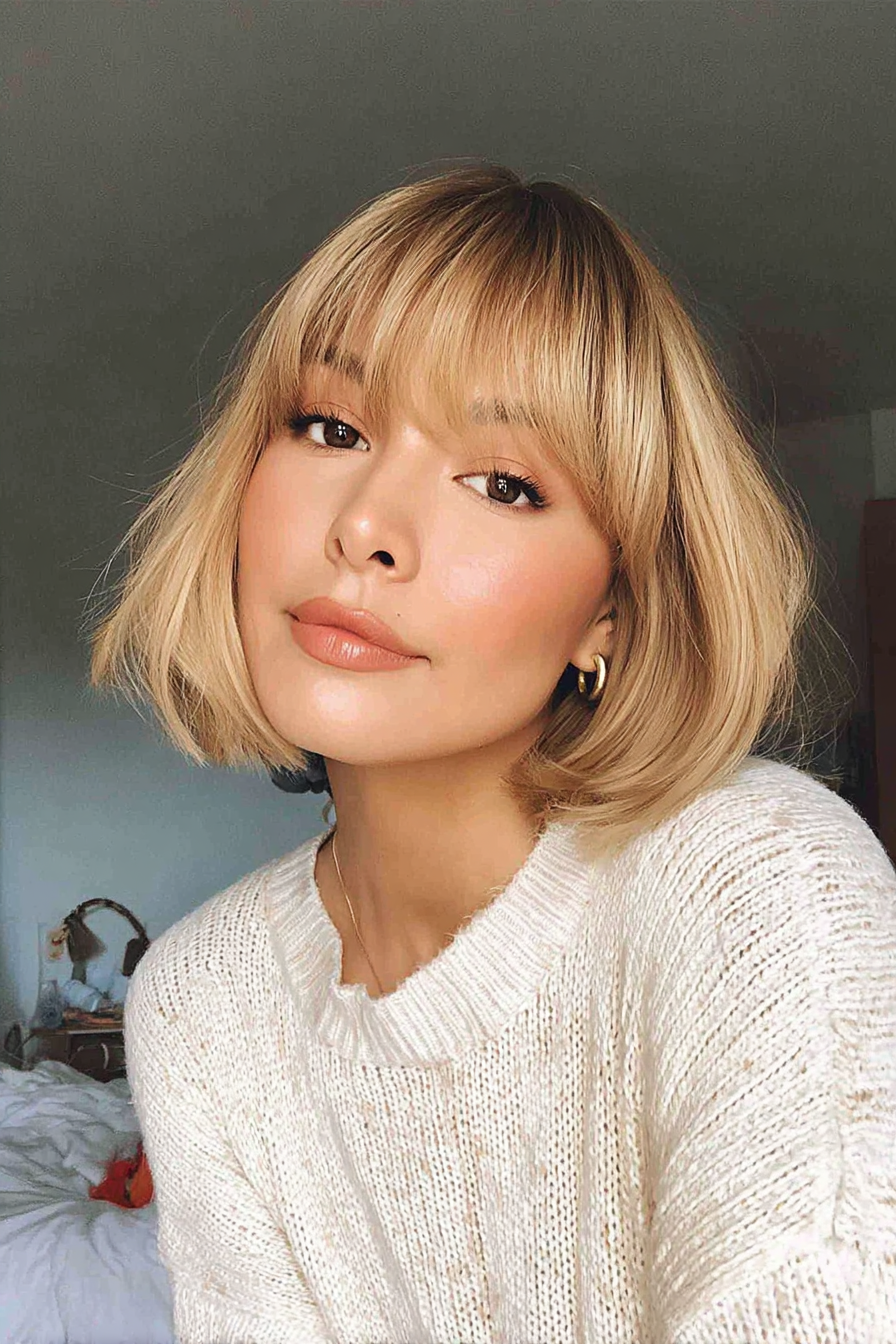 3. gebogener Bob mit Baby -Pony in Golden Blonde (kurze Bob -Frisuren mit Pony) - kurze Bob -Frisuren mit Pony