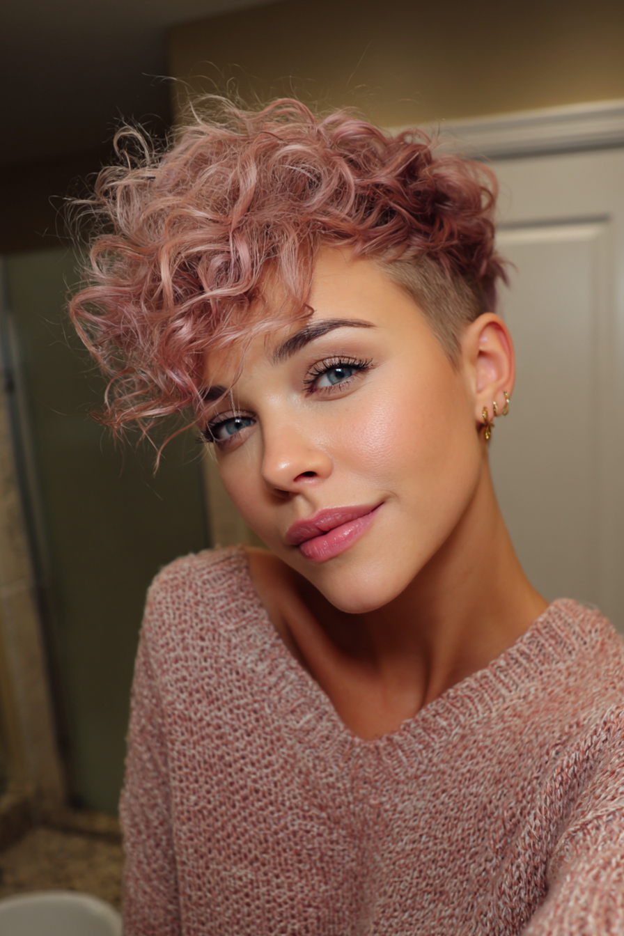 3. Dusty Rose Curly Undercut (kurze lockige Haarschnitte für Frauen) - kurze lockige Haarschnitte für Frauen