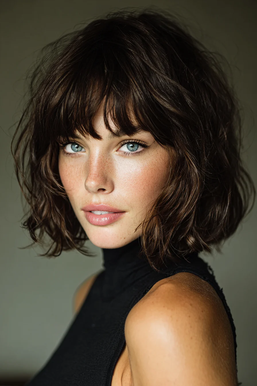 3. Espresso Tousled Bob mit seitlichen Fransen (Wellige Frisuren für Frauen) – Wellige Frisuren für Frauen