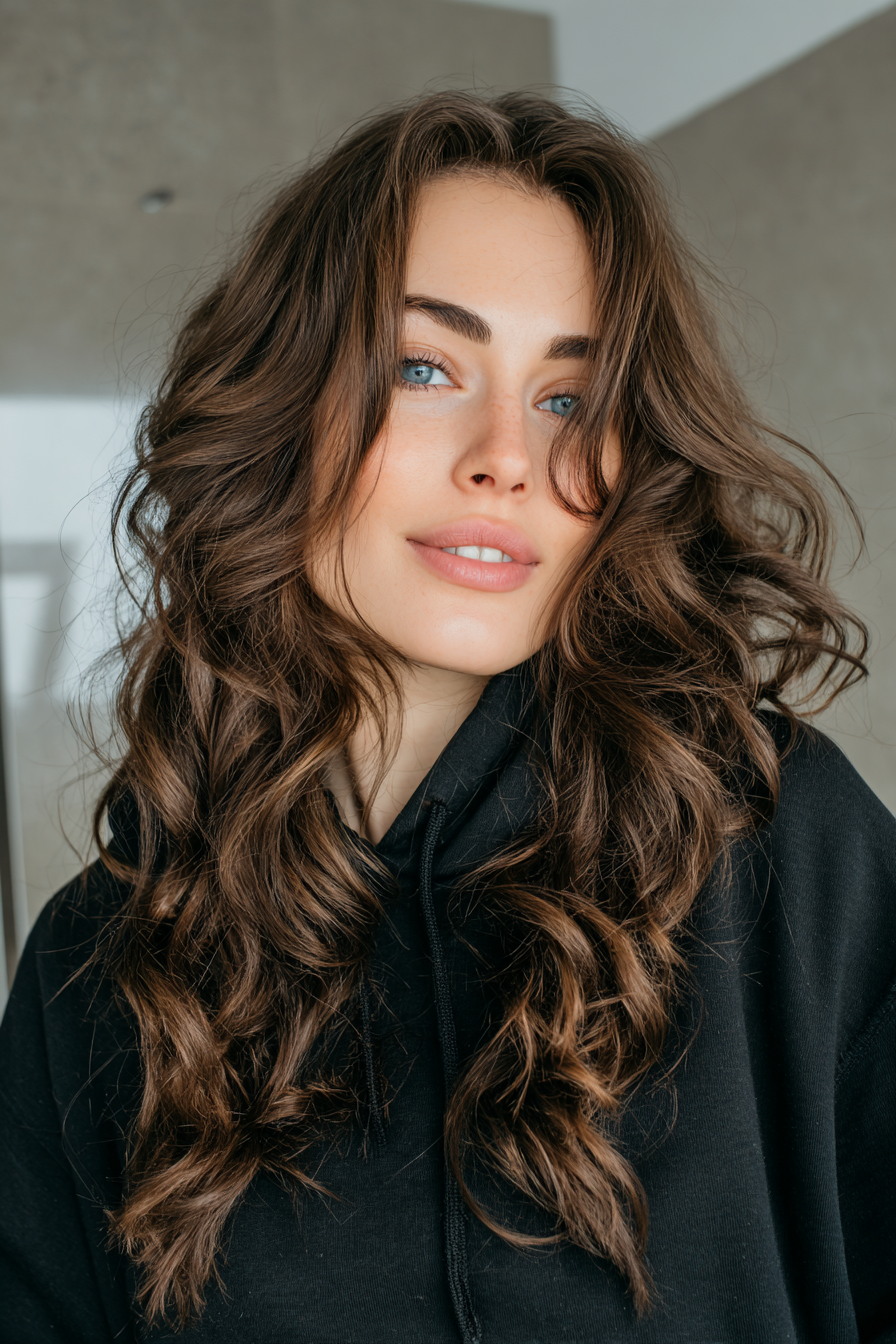 3.. Espressowellen mit Vorhangschichten (Frisuren für ältere Frauen mit welligem Haar) - Frisuren für ältere Frauen mit welligem Haar