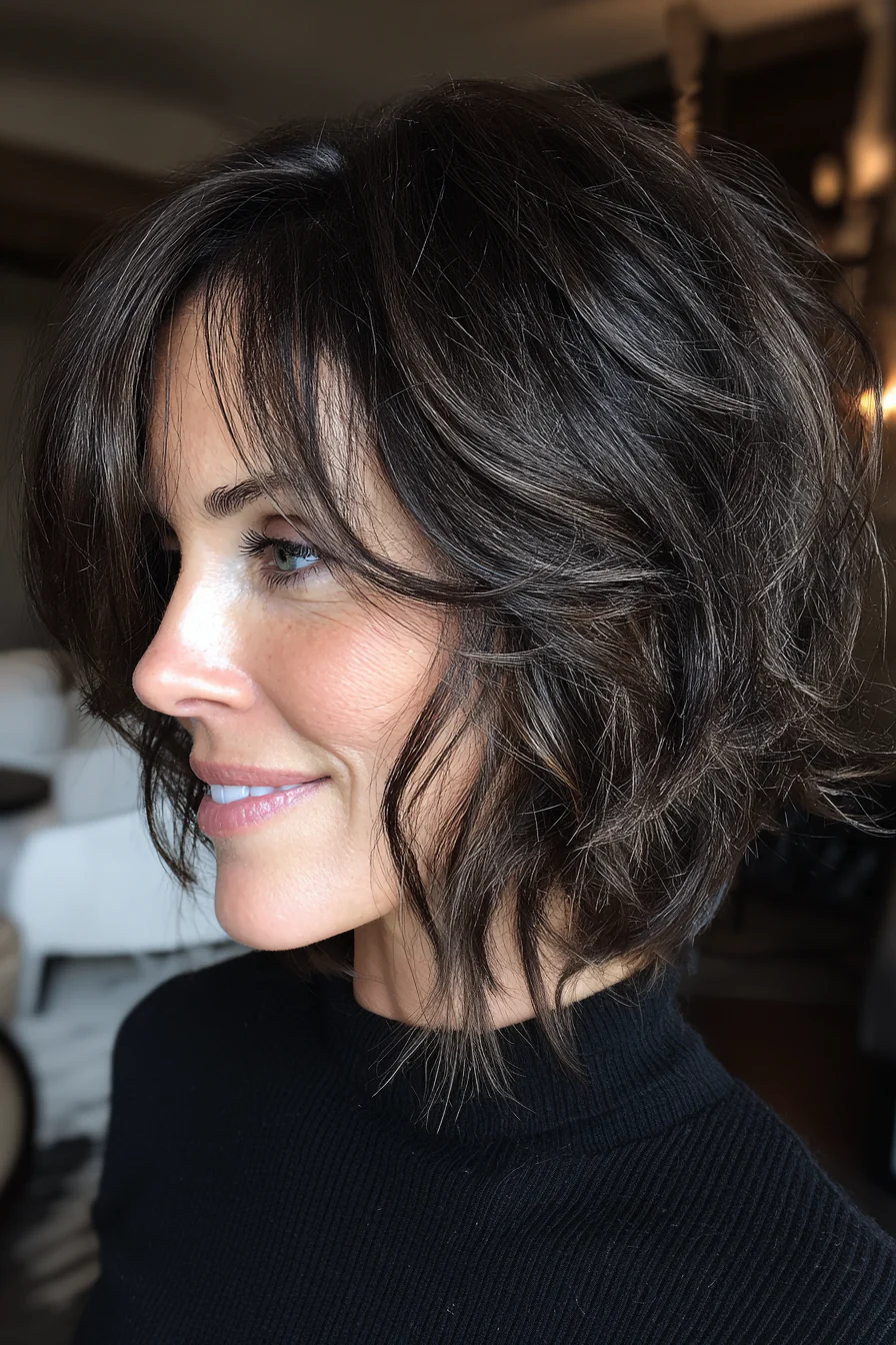 3. Gefiederter Bob mit tiefem Braunhaar (Haarschnitte für Frauen über 50 mit dunklem Haar) – Haarschnitte für Frauen über 50 mit dunklem Haar