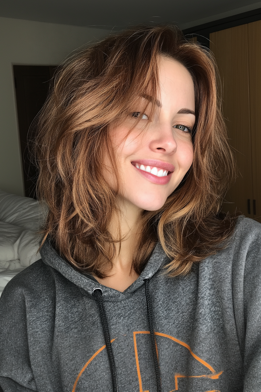 3. Federschichten mit Karamellbalayage (mittelgroße geschichtete Bob -Frisuren) - mittelgroße, geschichtete Bob -Frisuren