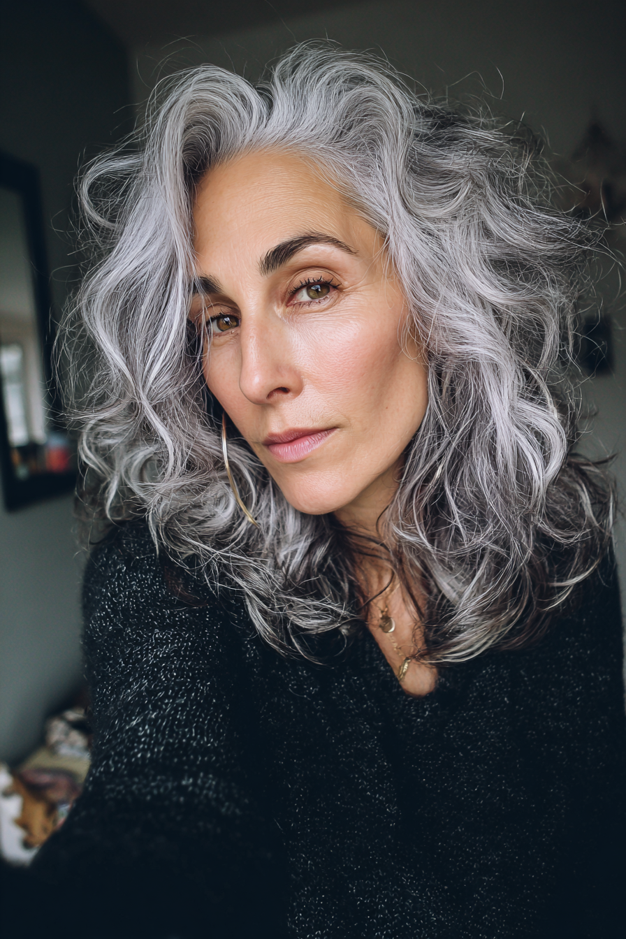 3. Gefiederte silberne Wellen (Wellige Frisuren für Frauen über 60) – Wellige Frisuren für Frauen über 60