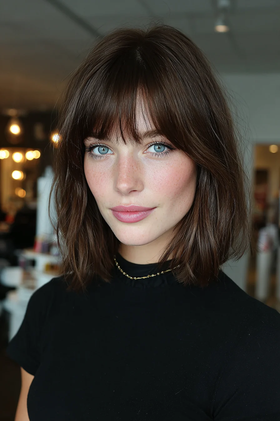 3. Französisch inspirierter mittellanger Bob mit geradem Pony in mittlerem Aschbraun (mittellange Frisuren mit Pony) – Mittellange Frisuren mit Pony