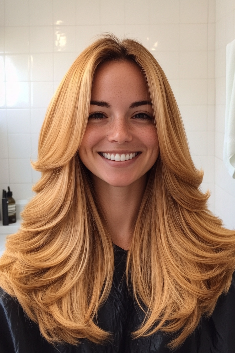 3.. Goldene Honigkaskadierschichten (lang geschichtete Haarschnitte) - lang geschichtete Haarschnitte