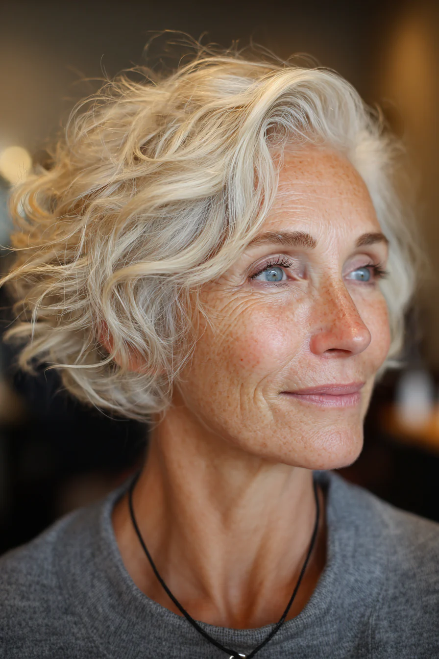 3. Stufenschnitt mit sandblonden Wellen (kurze gewellte Haarschnitte für ältere Frauen) – kurze gewellte Haarschnitte für ältere Frauen