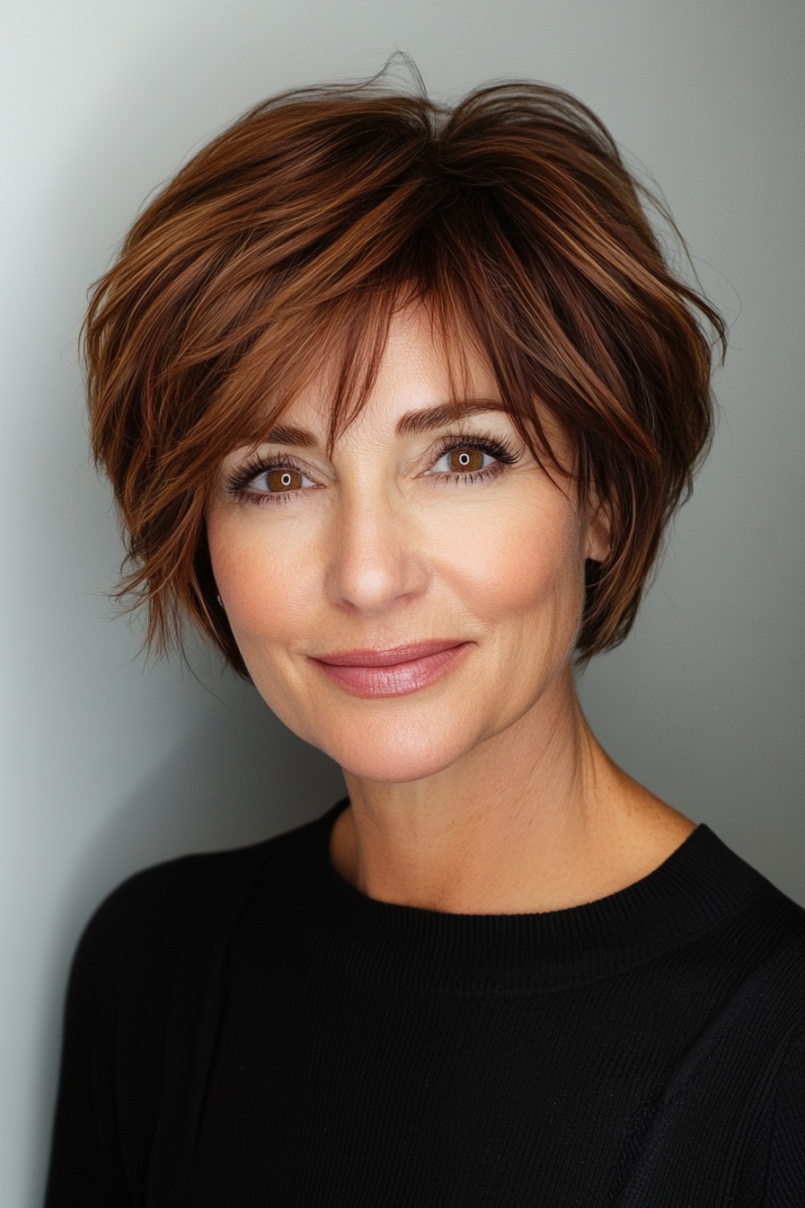 3.. Layered Crop mit Seitenstichen im dunklen Auburn (kurze stilvolle Frisuren für Frauen über 50) - kurze stilvolle Frisuren für Frauen über 50