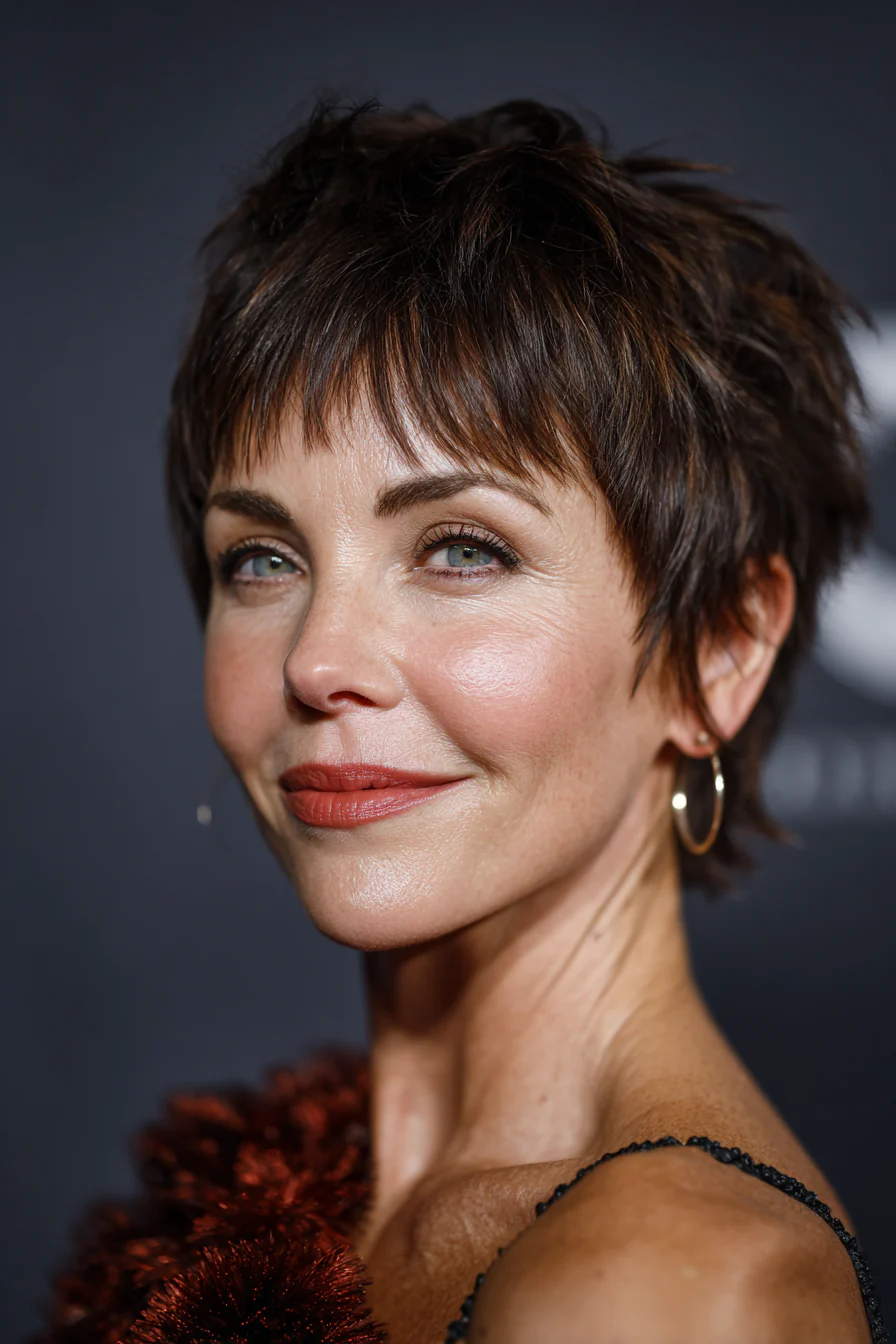 3. Stufen-Espresso-Crop mit seitlichen Fransen (Kurzhaarfrisuren für Frauen über 40 mit dünnem Haar) – Kurzhaarfrisuren für Frauen über 40 mit dünnem Haar