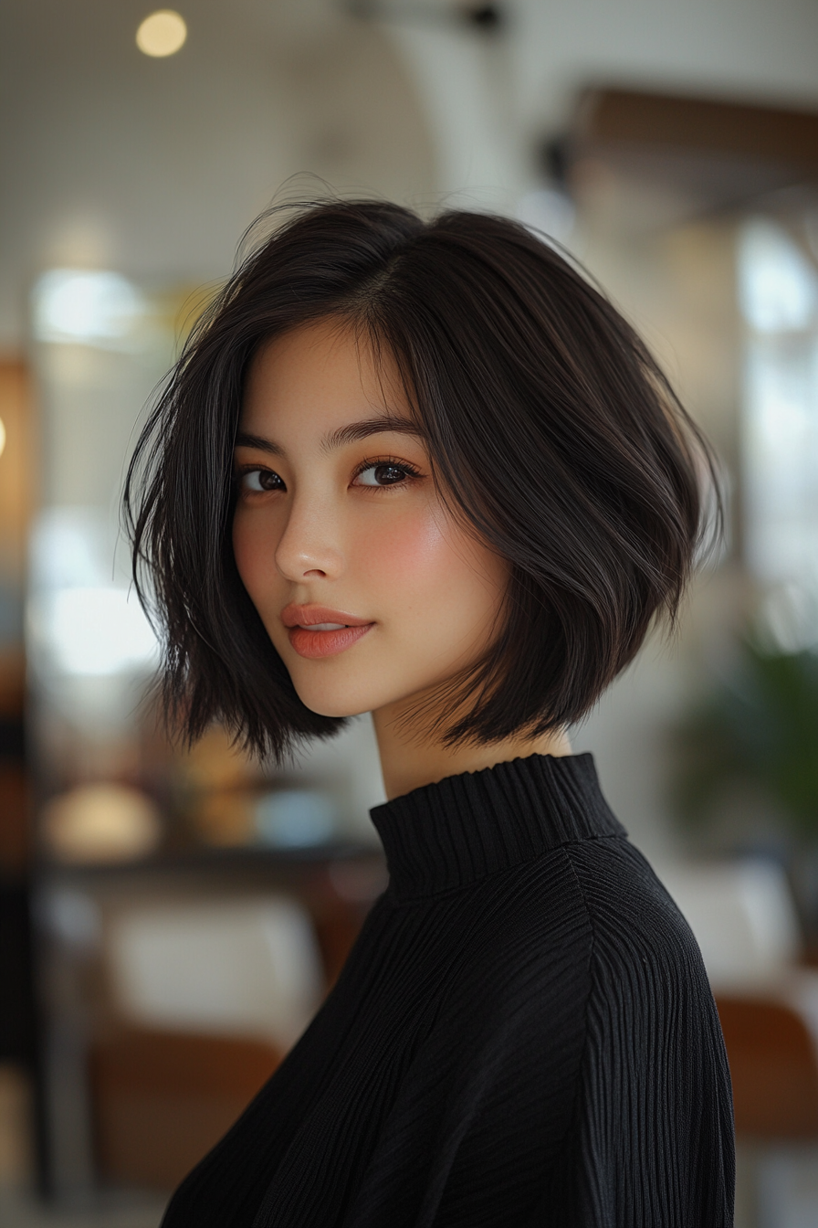 3.. Layered French Bob in natürlicher Schwarz (Frisuren für kurze Haare) - Frisuren für kurze Haare
