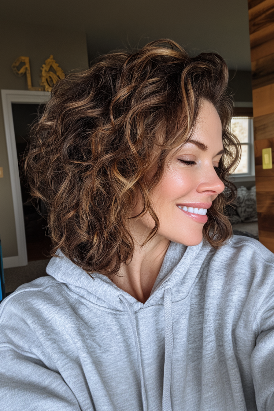 3. Layered Lob mit Mokka -braunen Highlights (Frisuren für Frauen über 40 mit lockigem Haar) - Frisuren für Frauen über 40 mit lockigem Haar