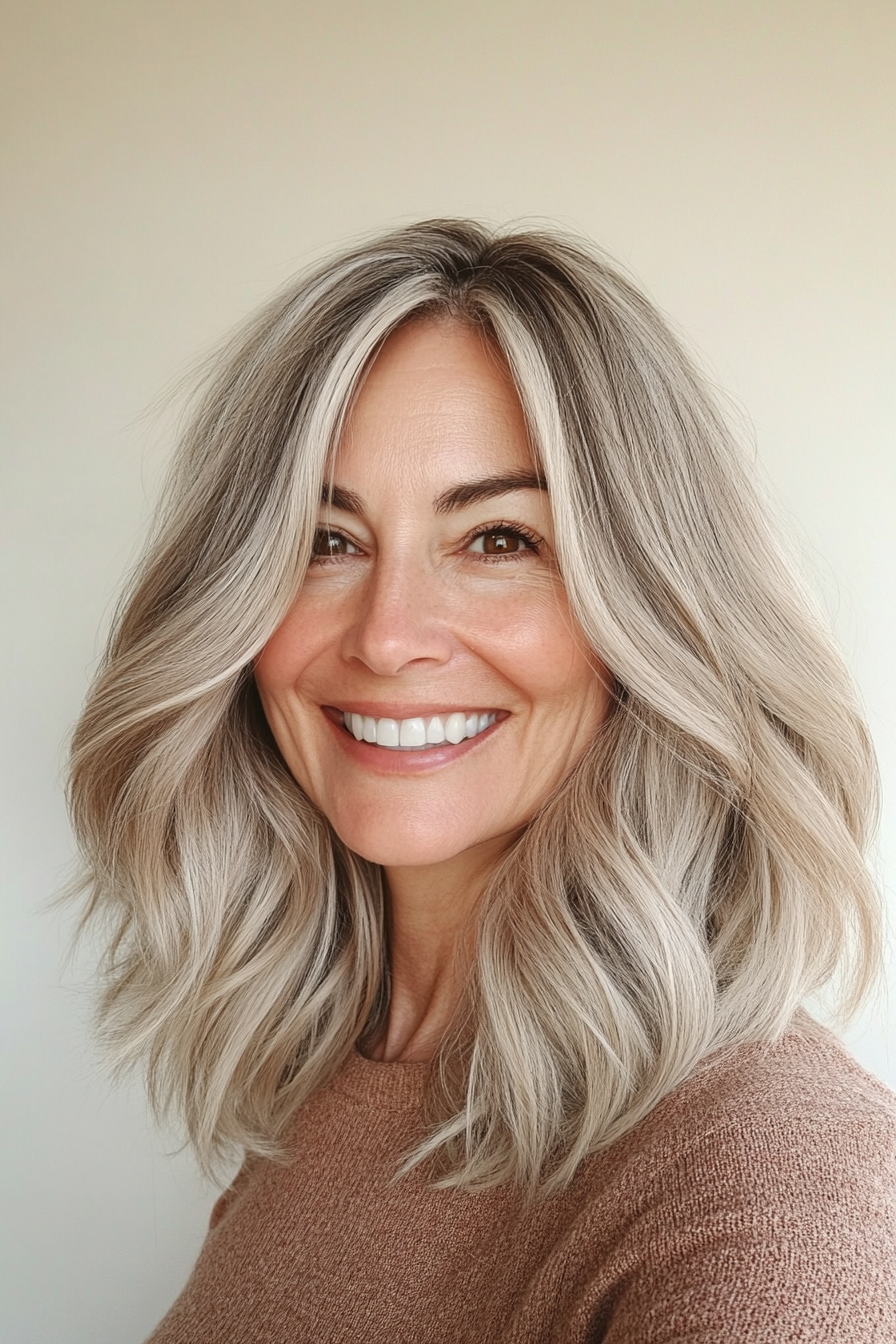 3.. Layered Lob mit sandblonde Dimension (Frisuren für Frauen über 50 mit welligen Haaren) - Frisuren für Frauen über 50 mit welligen Haaren