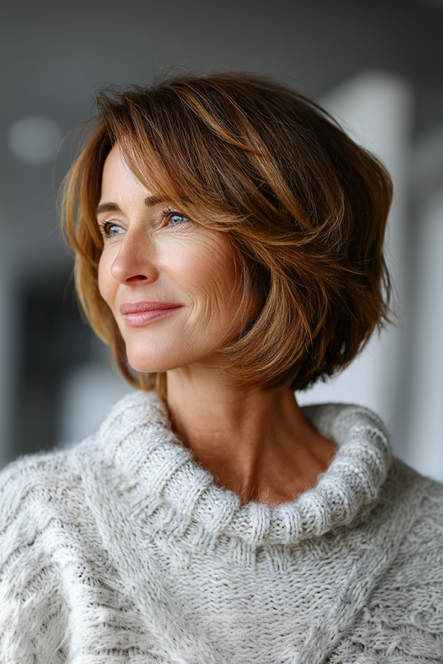 3.. Layered Lob mit warmer Kastanienbalayage (Sommerfrisuren für Frauen über 50) - Sommerfrisuren für Frauen über 50