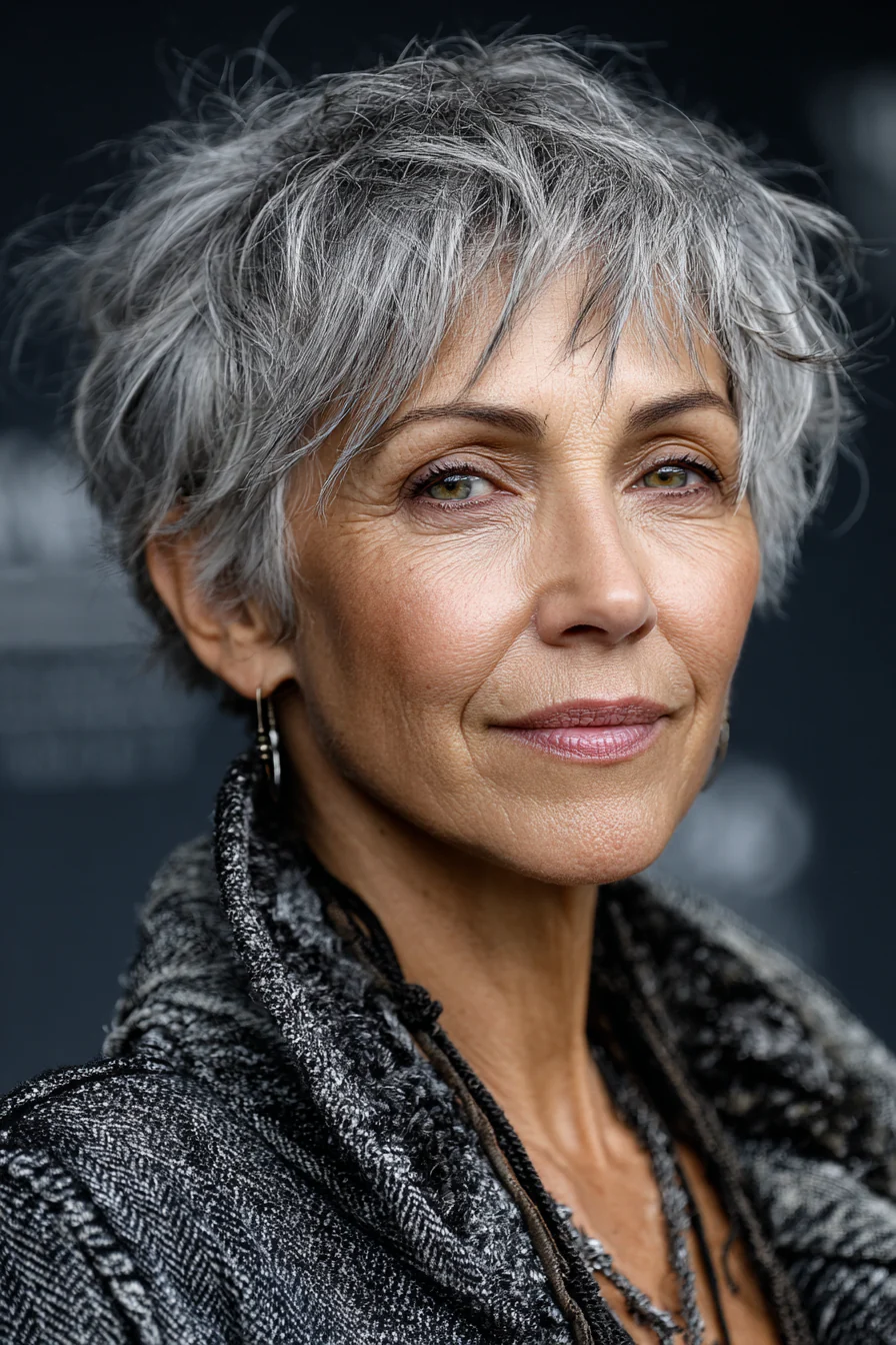 3. Geschichteter Salz-und-Pfeffer-Schnitt (beliebte Haarschnitte für Frauen über 60) – Beliebte Haarschnitte für Frauen über 60